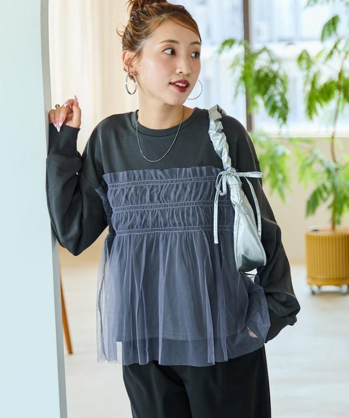 網紗褶皺疊層衛衣