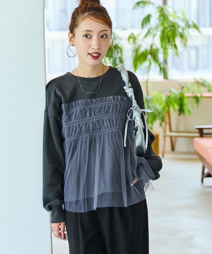 網紗褶皺疊層衛衣