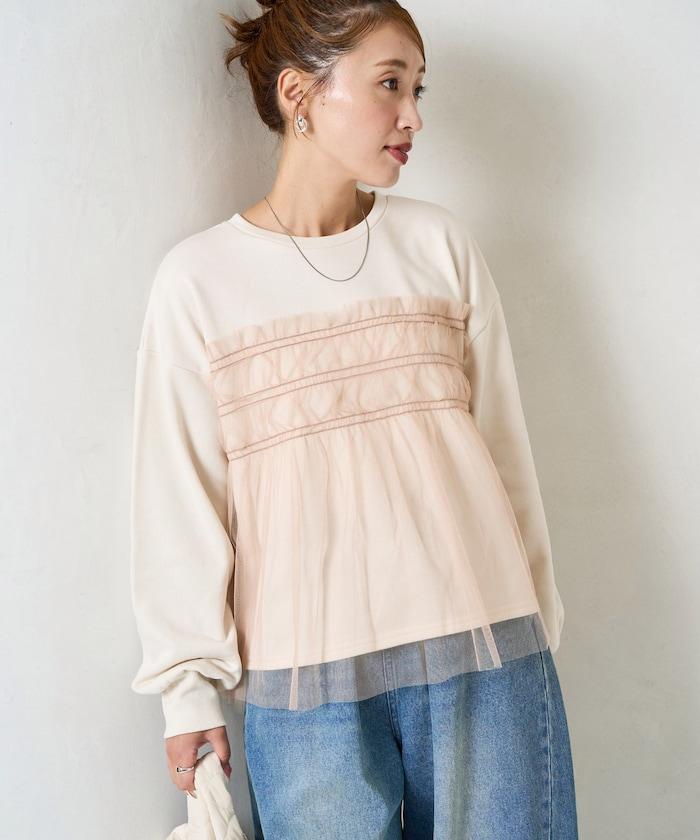 網紗褶皺疊層衛衣