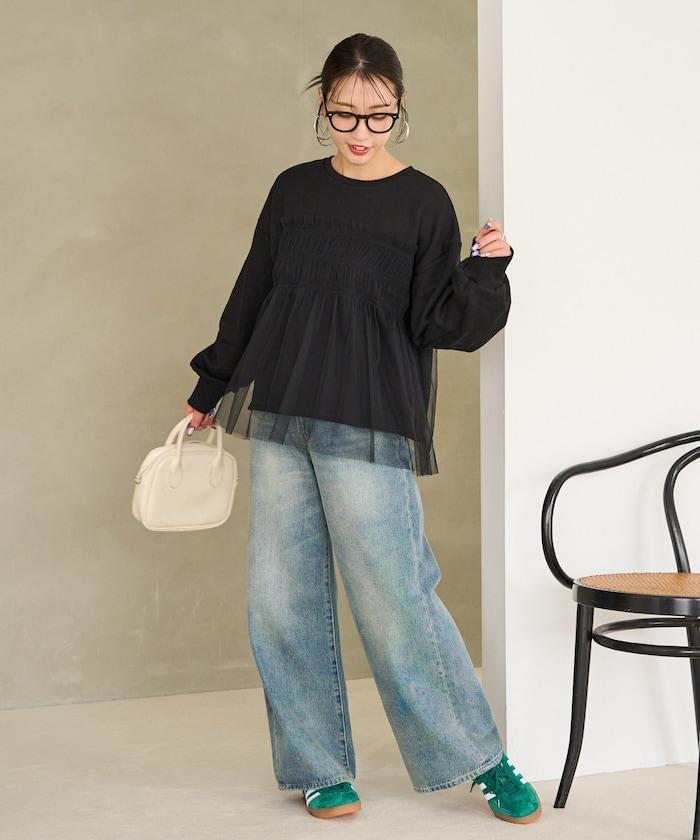 網紗褶皺疊層衛衣