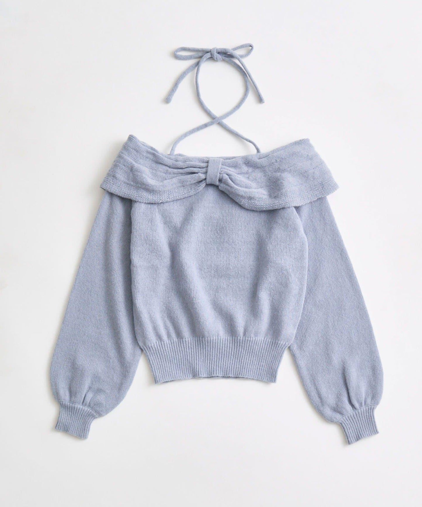 蝴蝶結一字肩針織衫