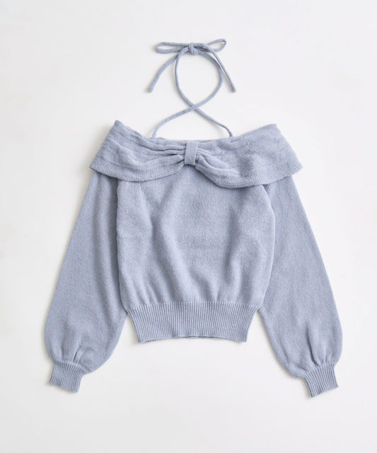 蝴蝶結一字肩針織衫