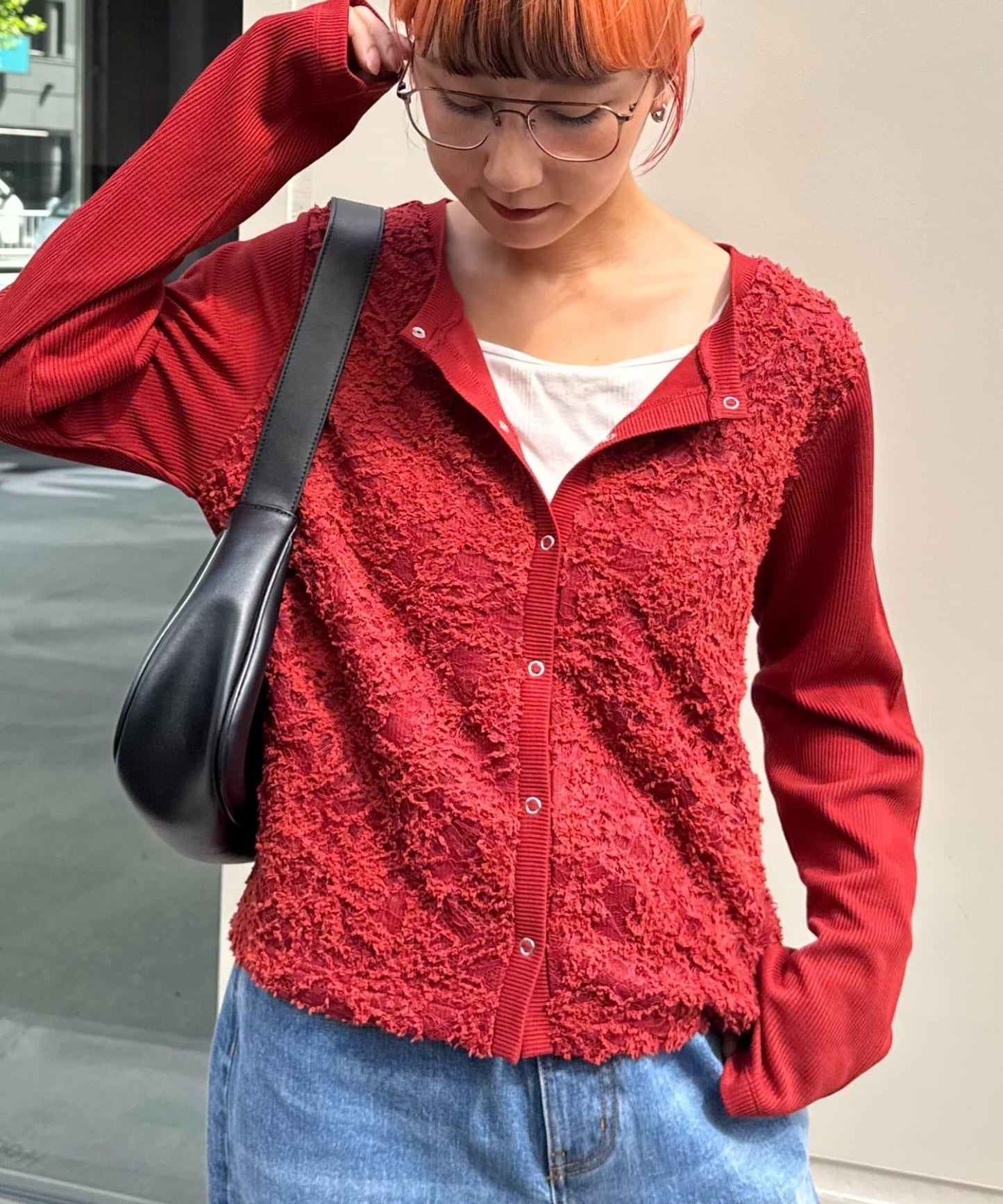 蕾絲拼接羅紋按扣開衫