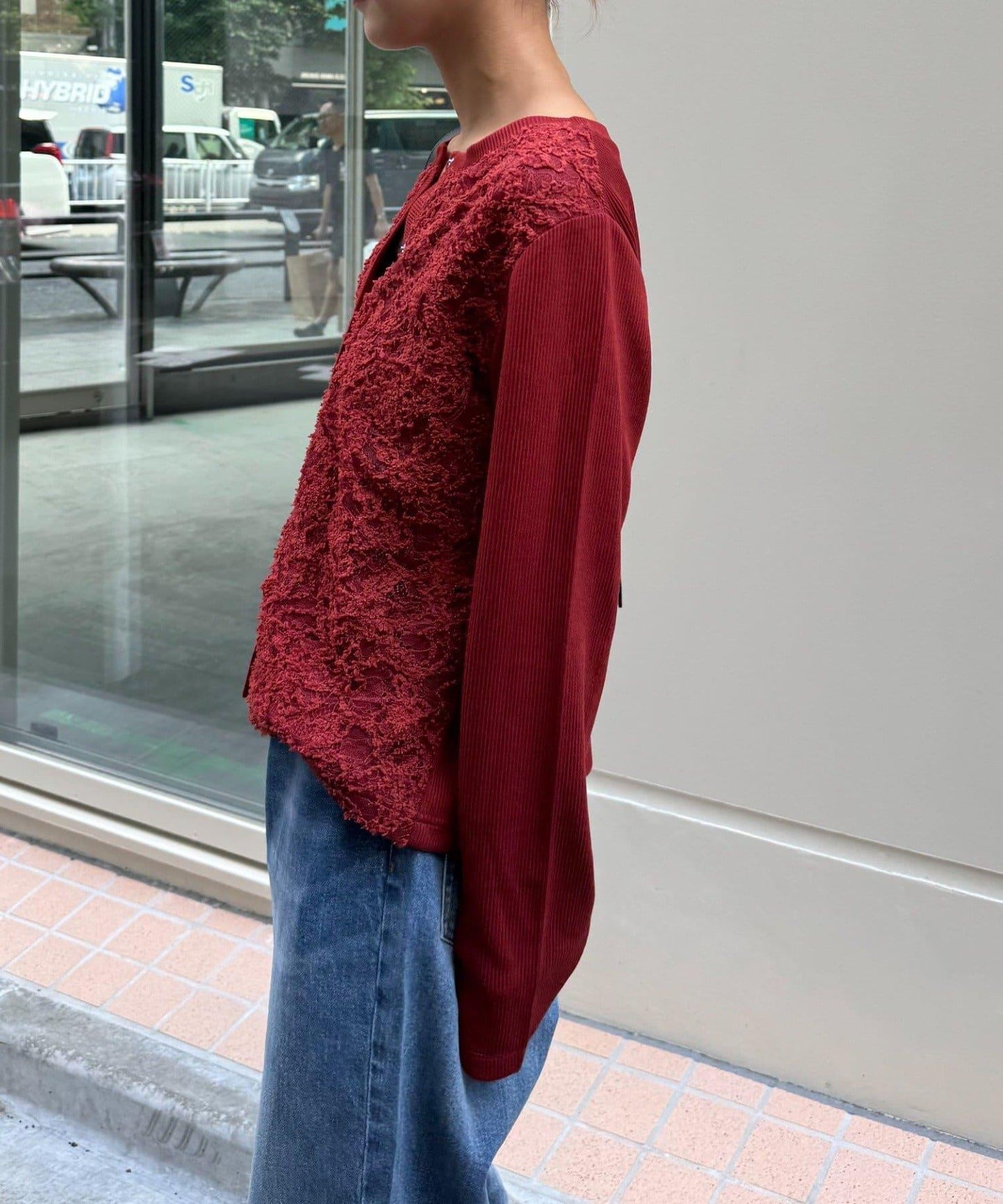 蕾絲拼接羅紋按扣開衫