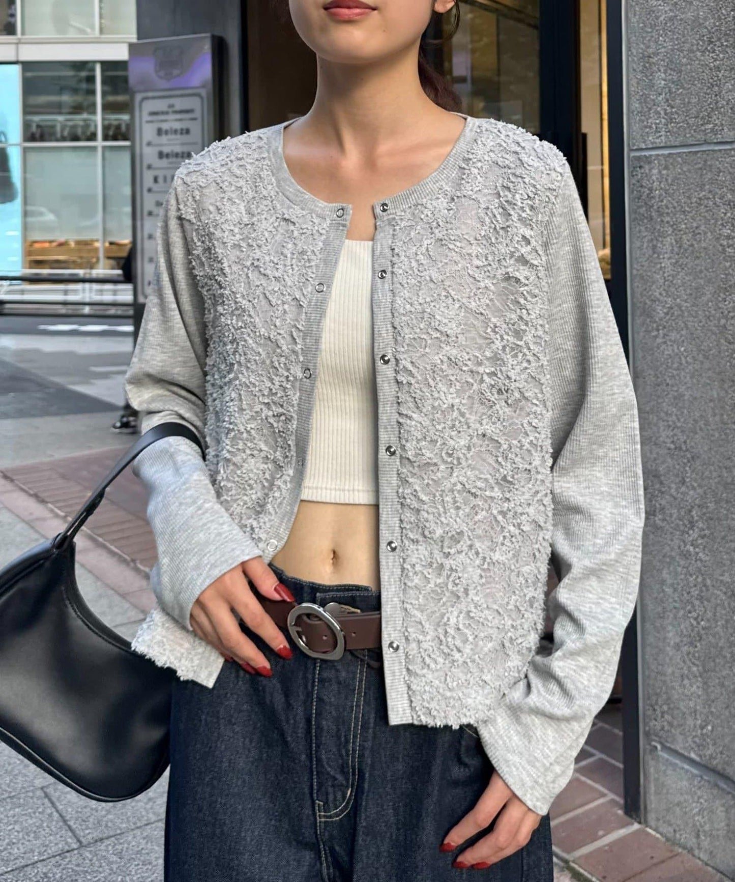 蕾絲拼接羅紋按扣開衫