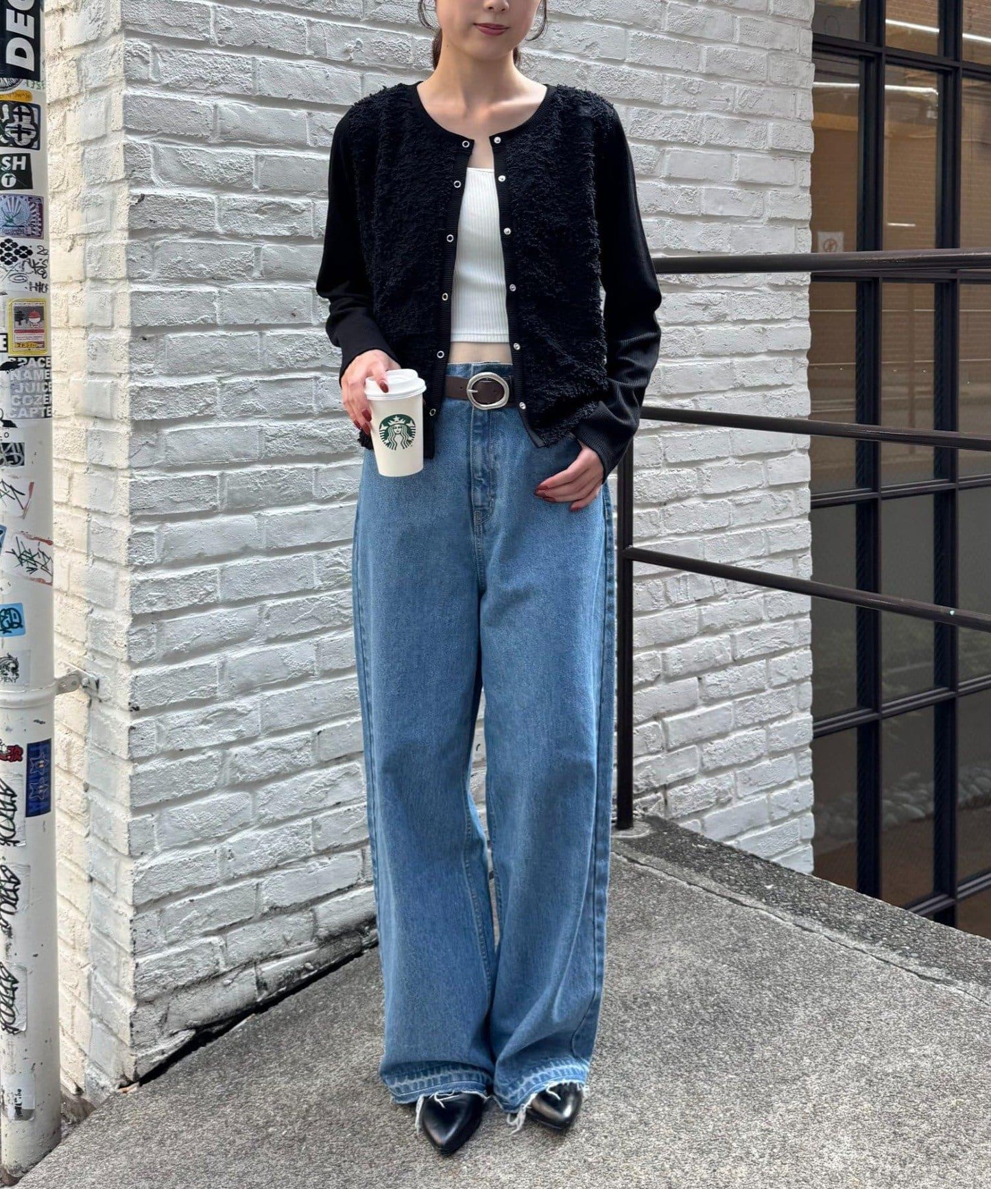 蕾絲拼接羅紋按扣開衫