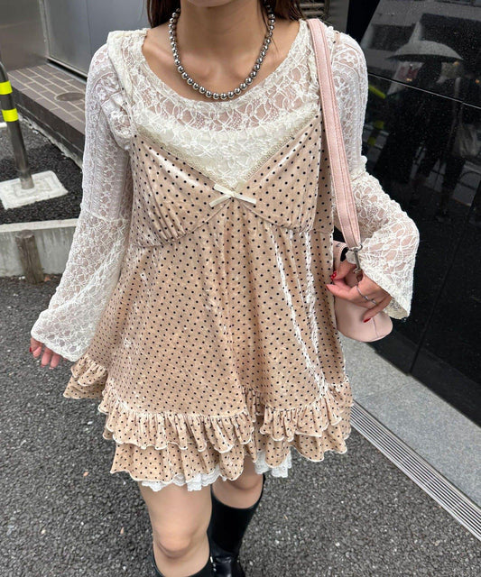 拼色圖案天鵝絨吊帶背心連衣裙〈波點/花卉〉