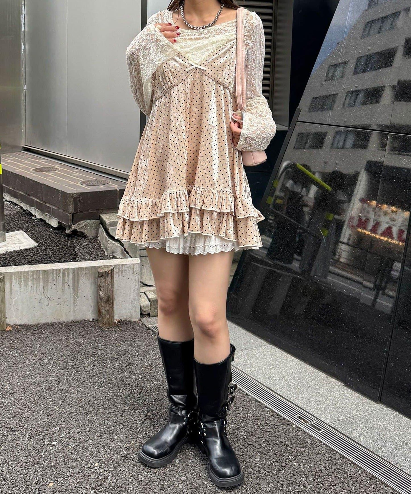 拼色圖案天鵝絨吊帶背心連衣裙〈波點/花卉〉