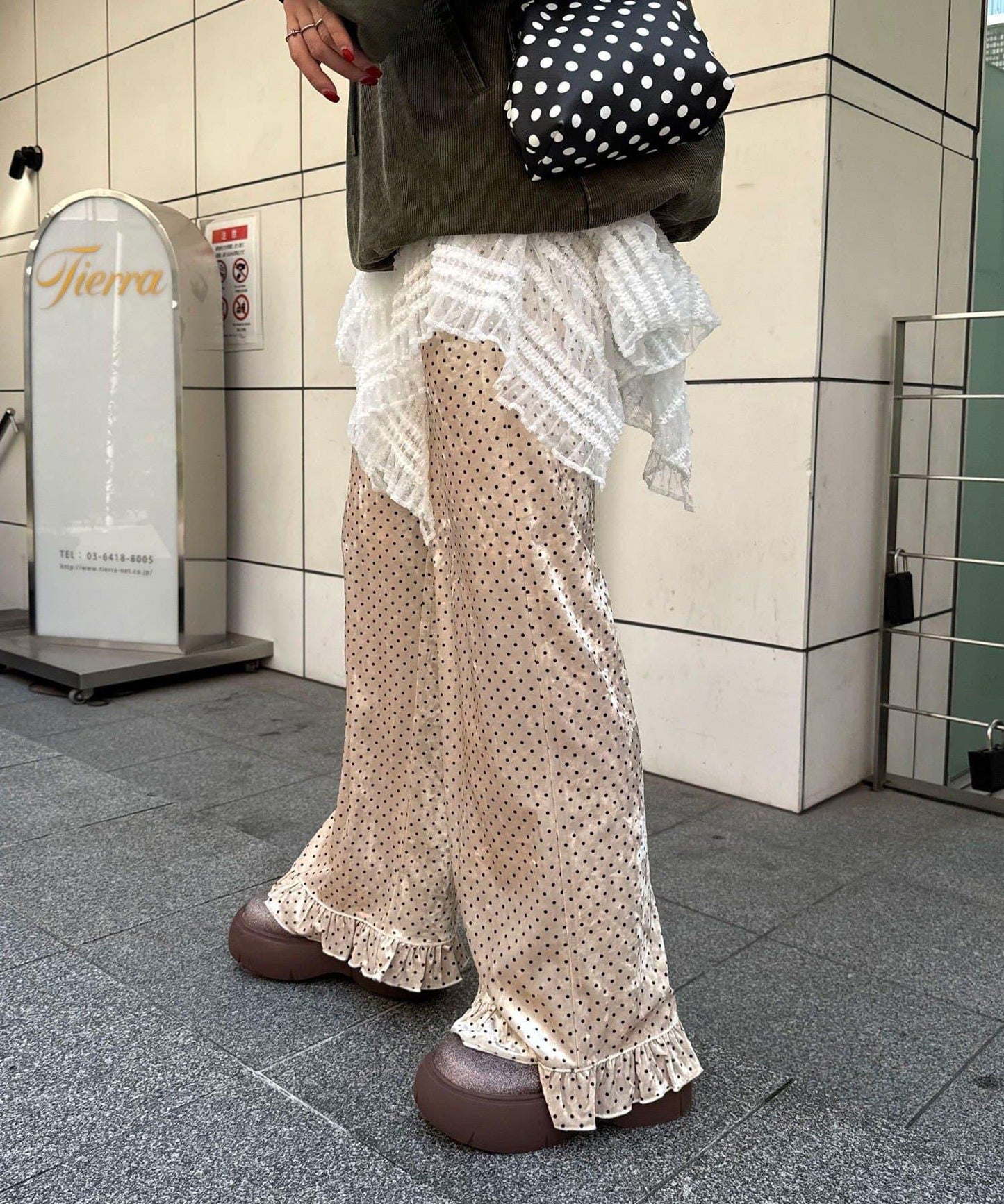 拼色圖案天鵝絨荷葉邊褲〈波點/花卉〉