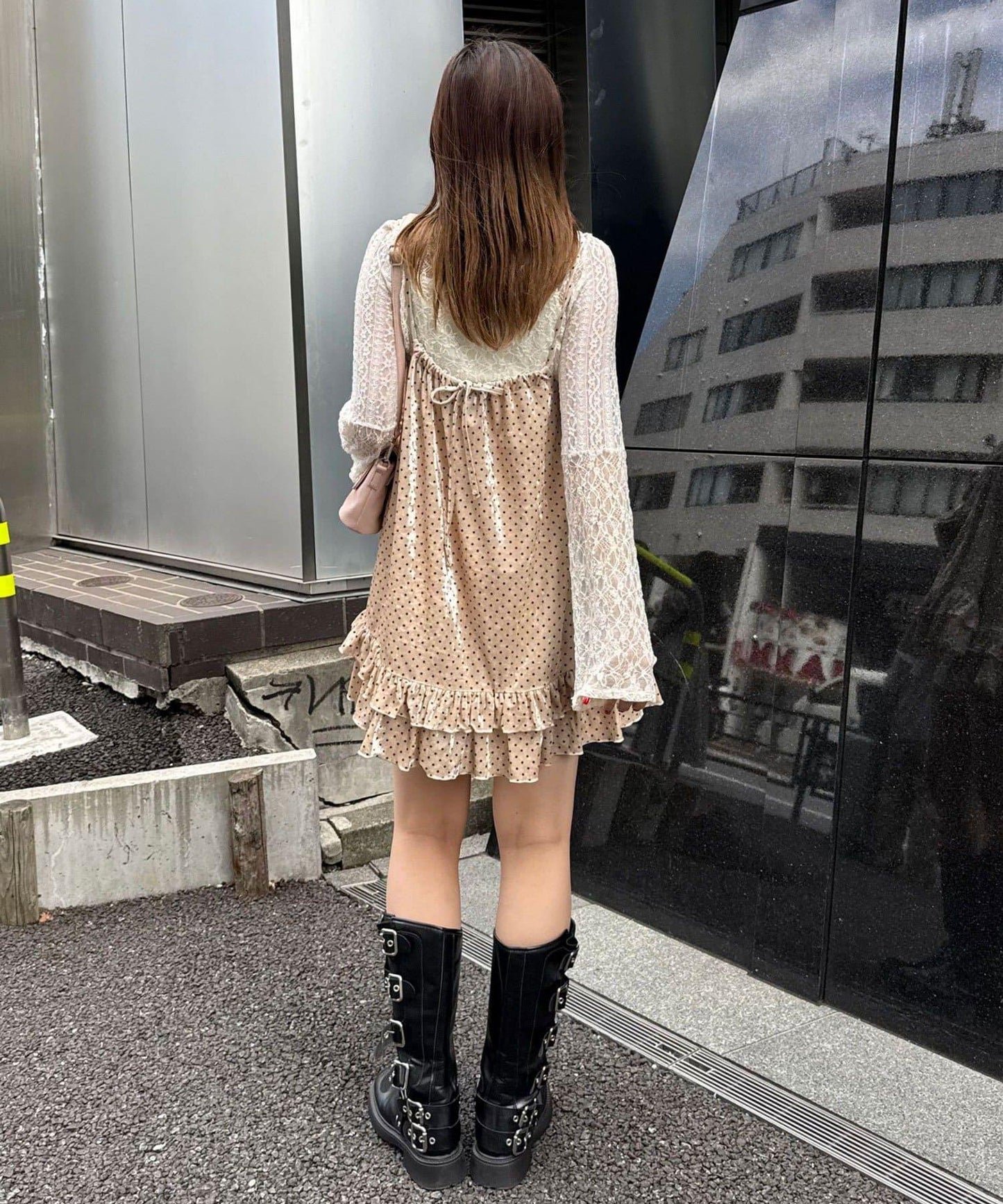 拼色圖案天鵝絨吊帶背心連衣裙〈波點/花卉〉
