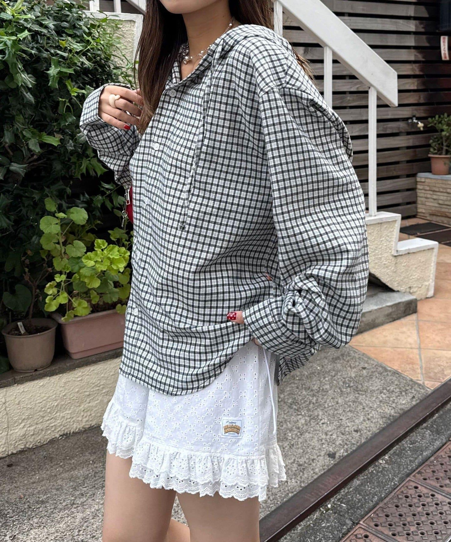 連帽拼色格子襯衫 / 衛衣