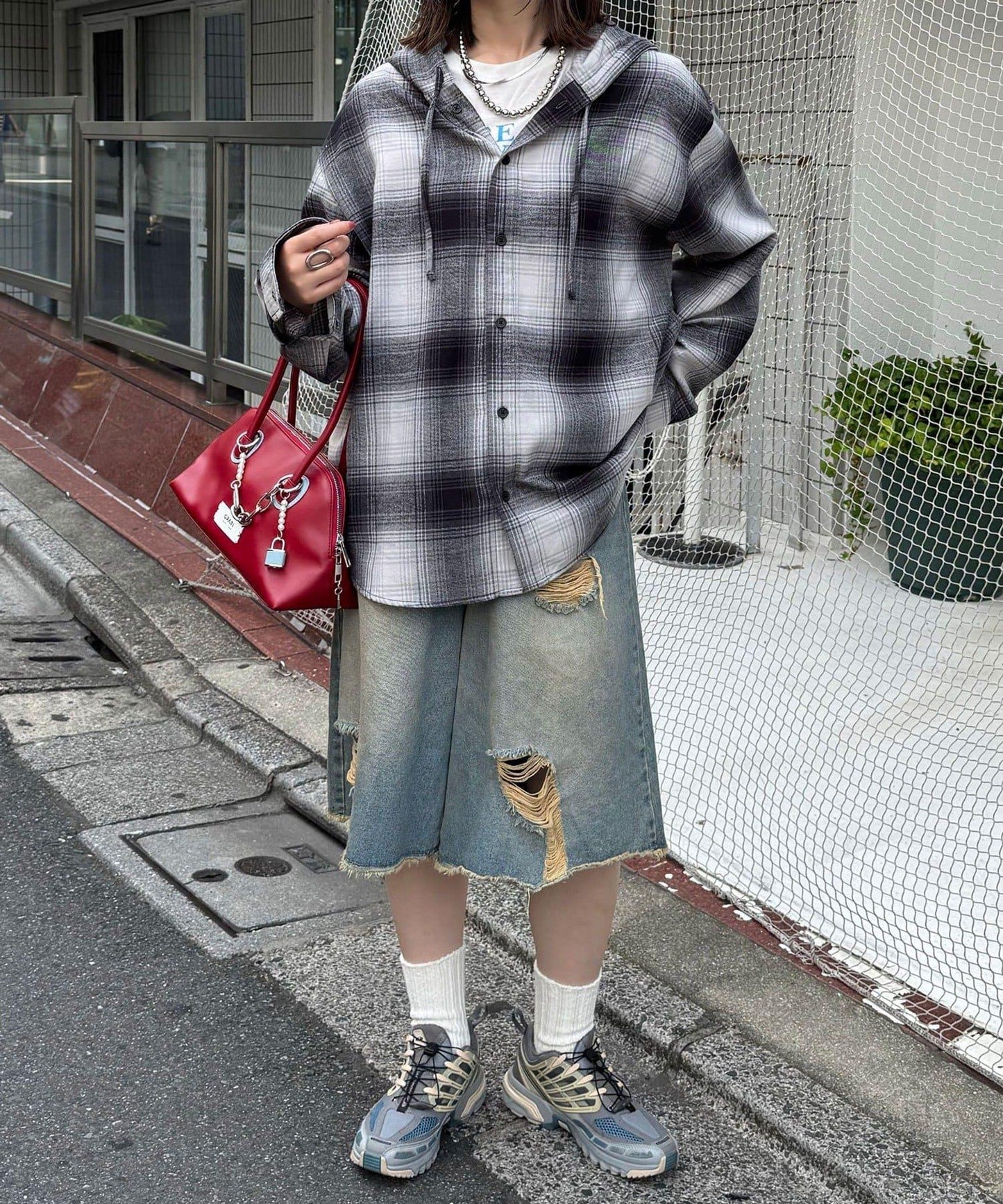 連帽拼色格子襯衫 / 衛衣