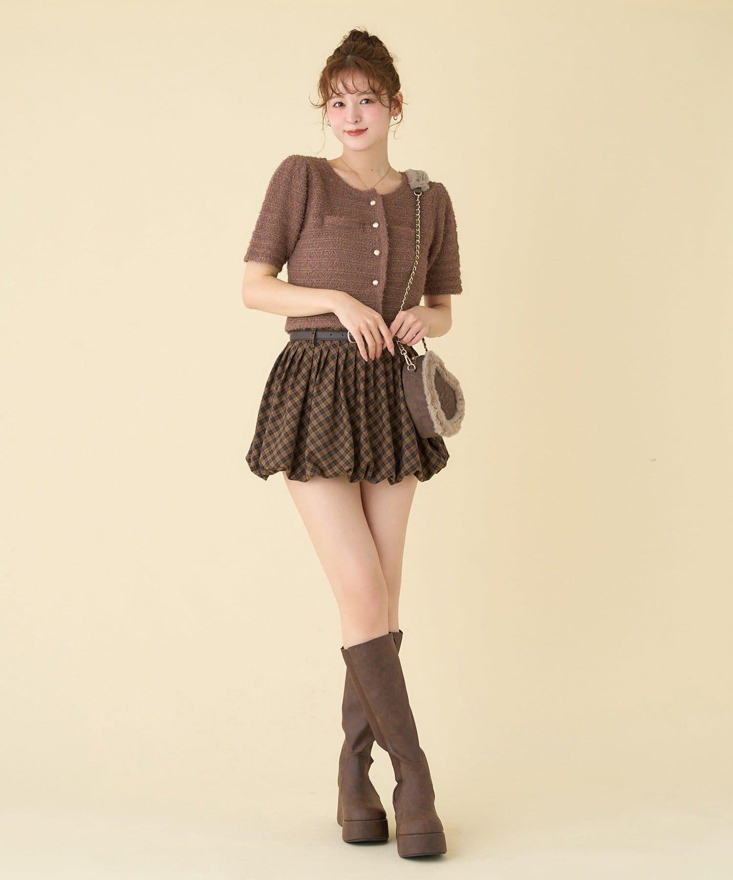 帶腰帶百褶泡泡迷你裙