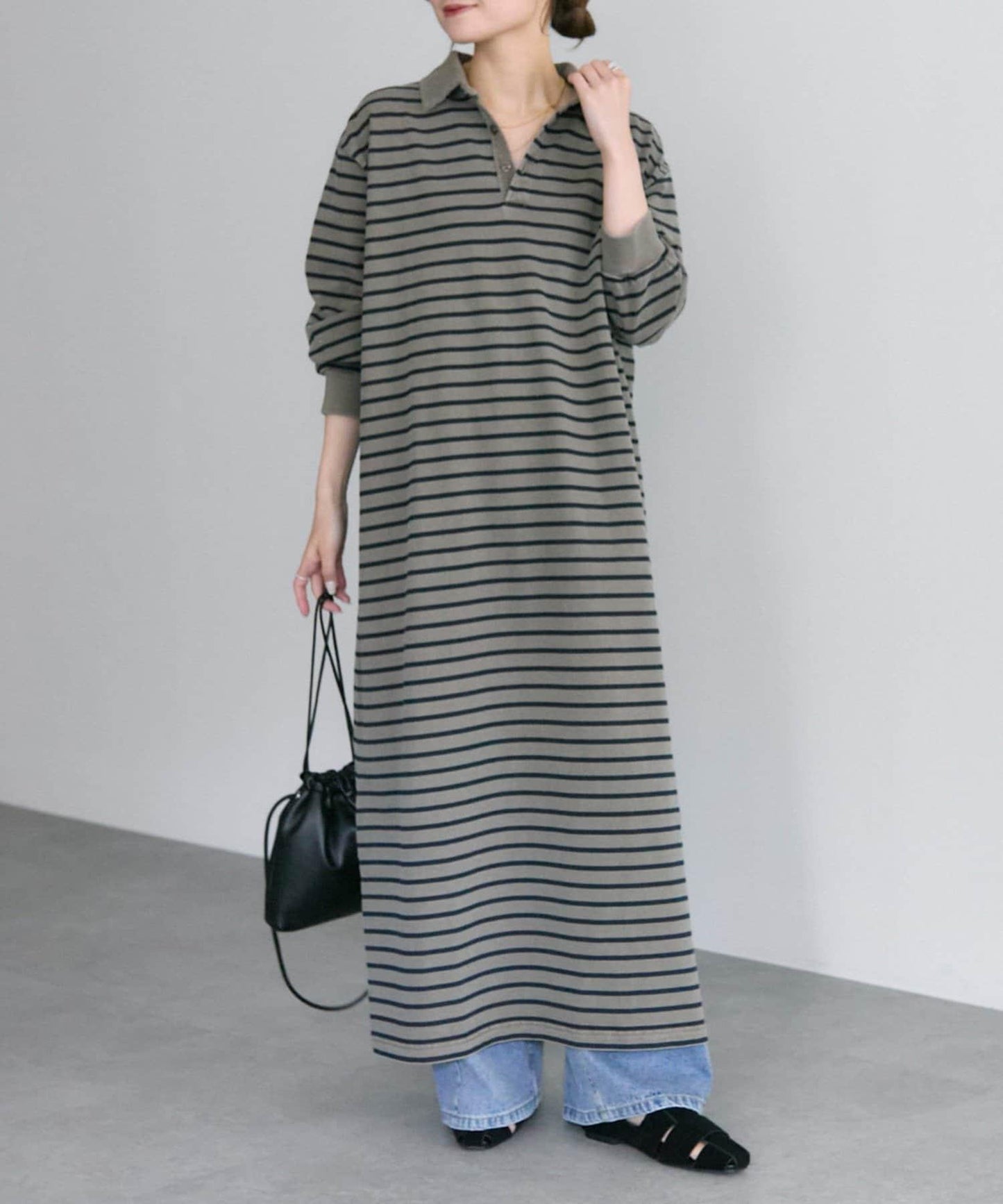 顏料條紋翻領連衣裙