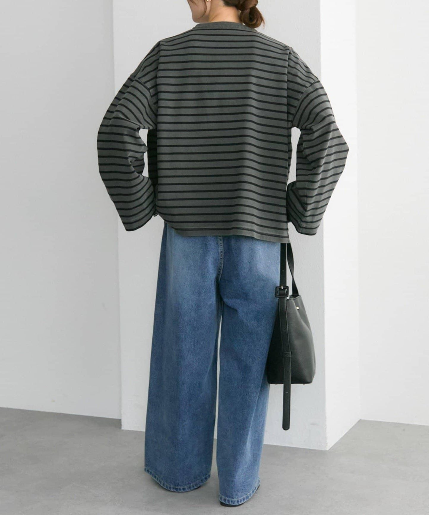 水洗條紋亨利領長袖T恤