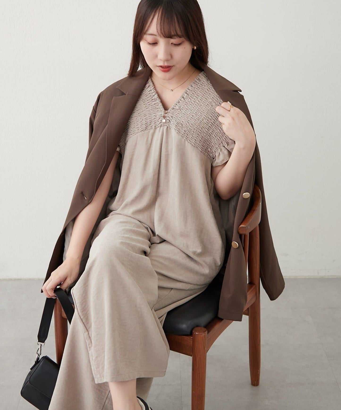 桃色磨毛褶皺揹帶褲