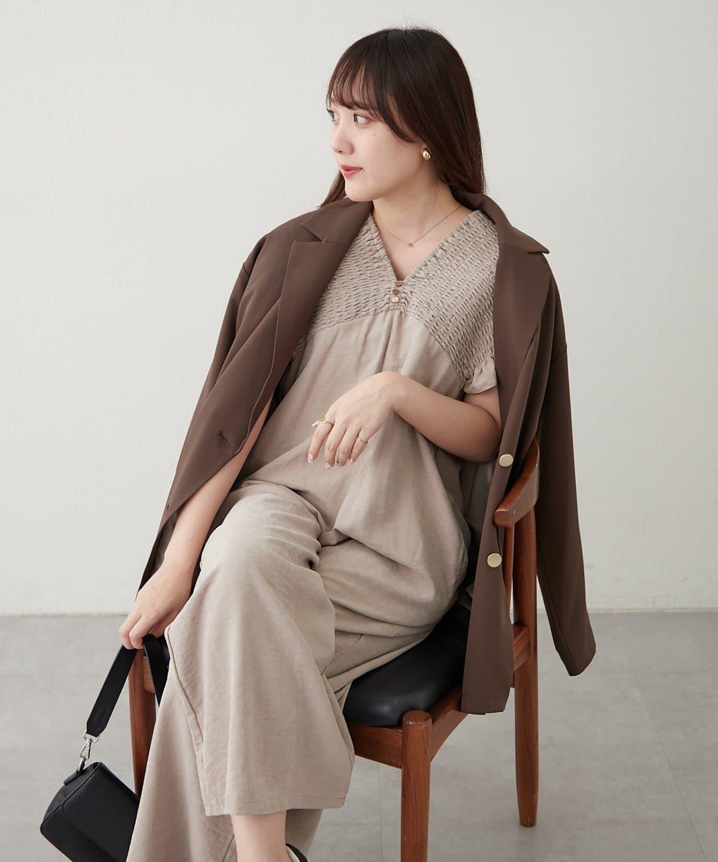 桃色磨毛褶皺揹帶褲