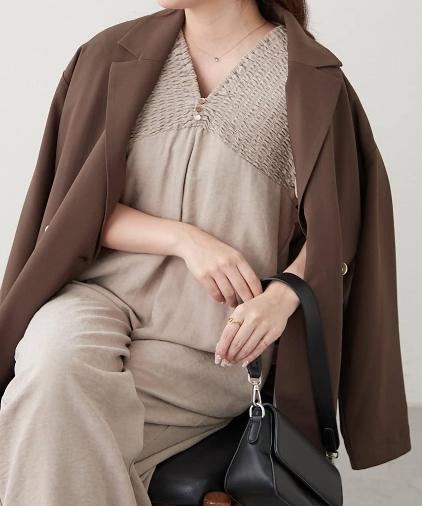 桃色磨毛褶皺揹帶褲