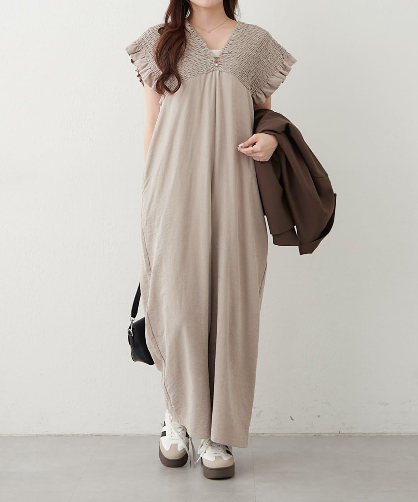 桃色磨毛褶皺揹帶褲