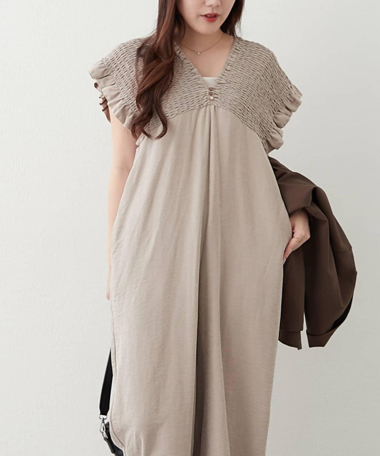 桃色磨毛褶皺揹帶褲