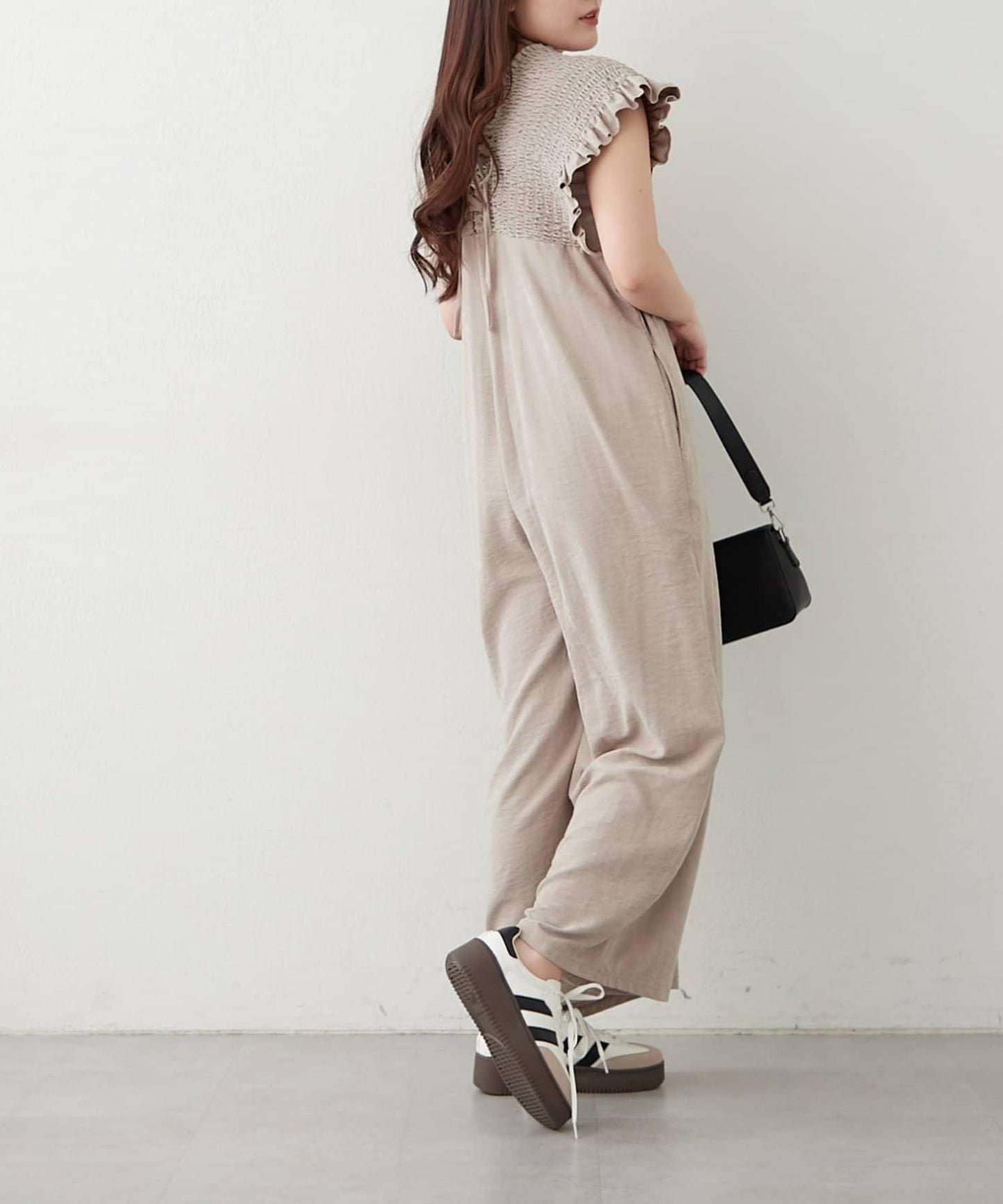 桃色磨毛褶皺揹帶褲