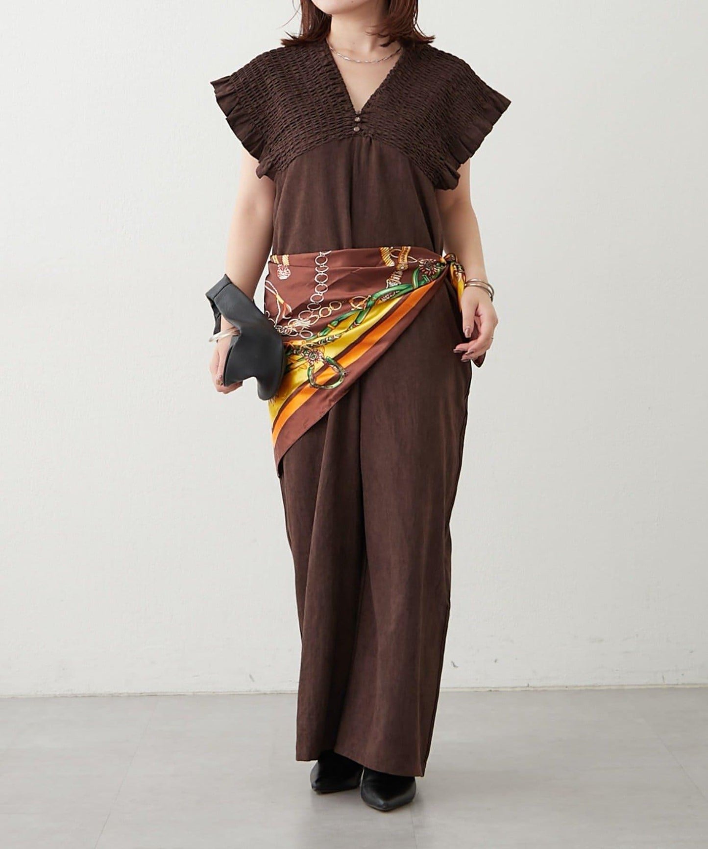 桃色磨毛褶皺揹帶褲