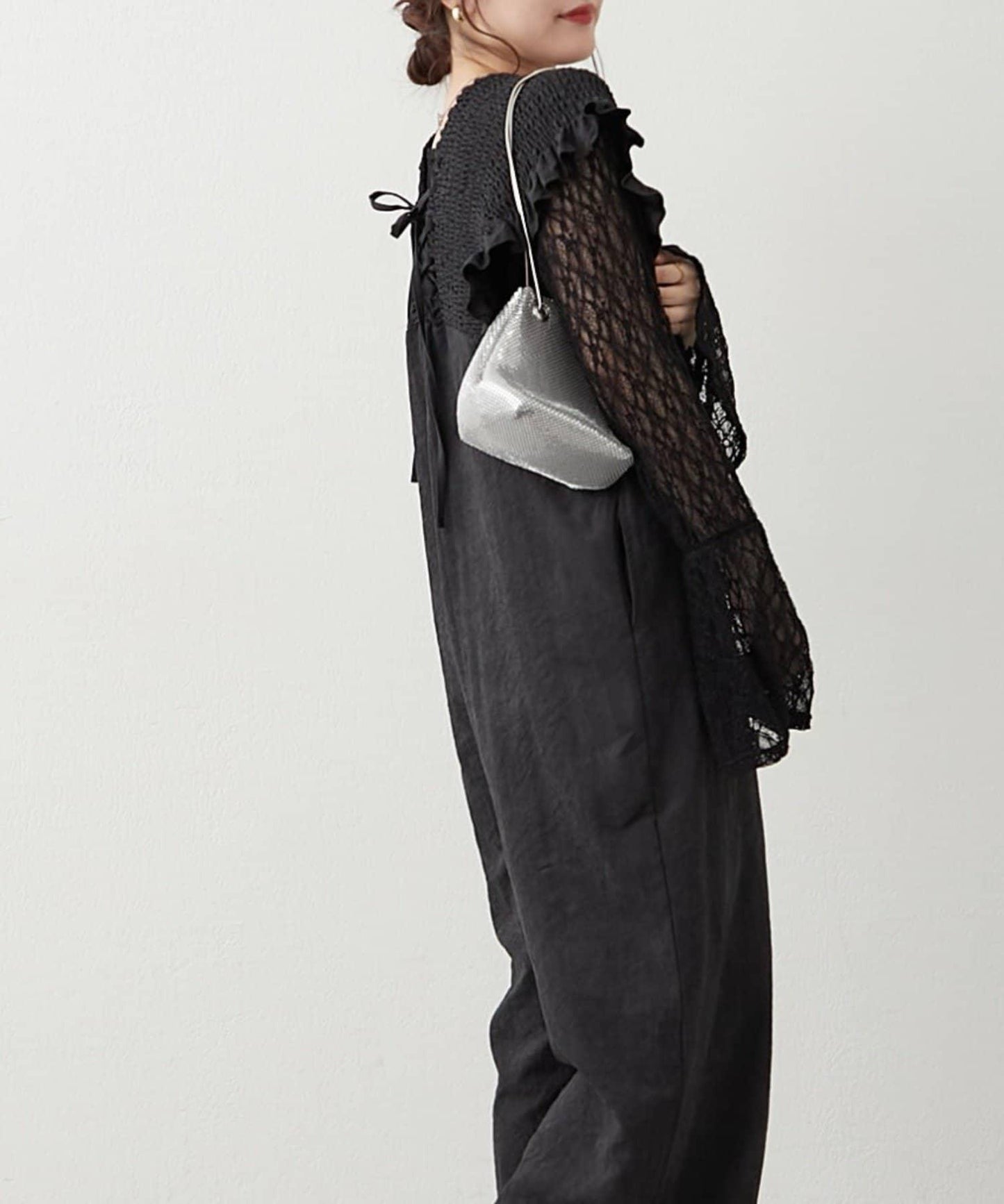 桃色磨毛褶皺揹帶褲