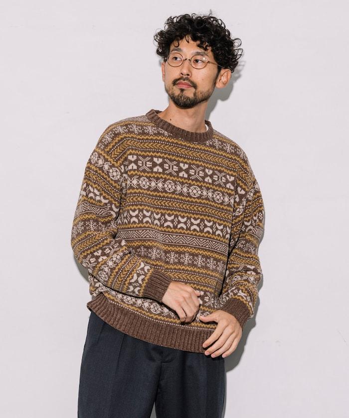 滿版花紋費爾島風格毛圈圓領針織衫