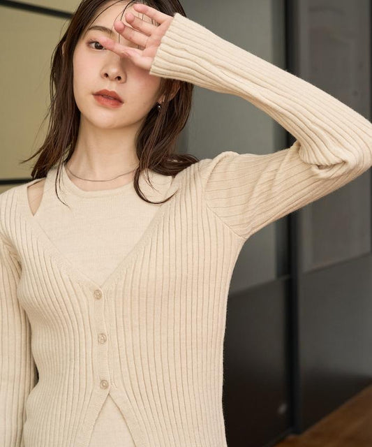 拼接紐釦針織開衫套頭衫