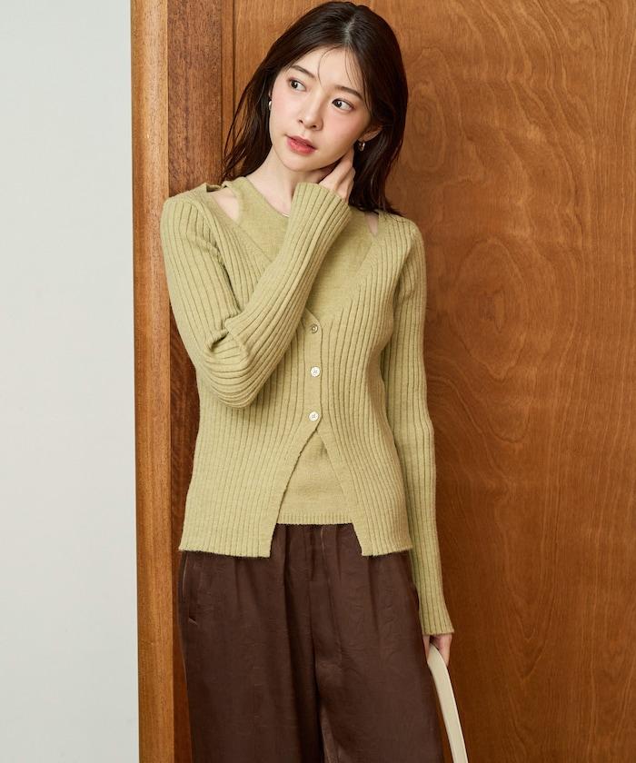 拼接紐釦針織開衫套頭衫