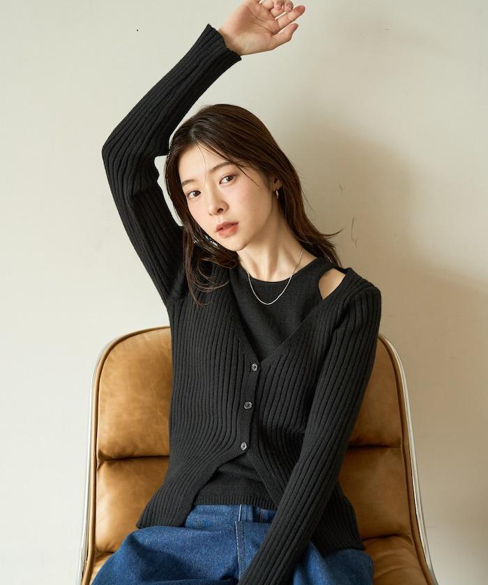 拼接紐釦針織開衫套頭衫