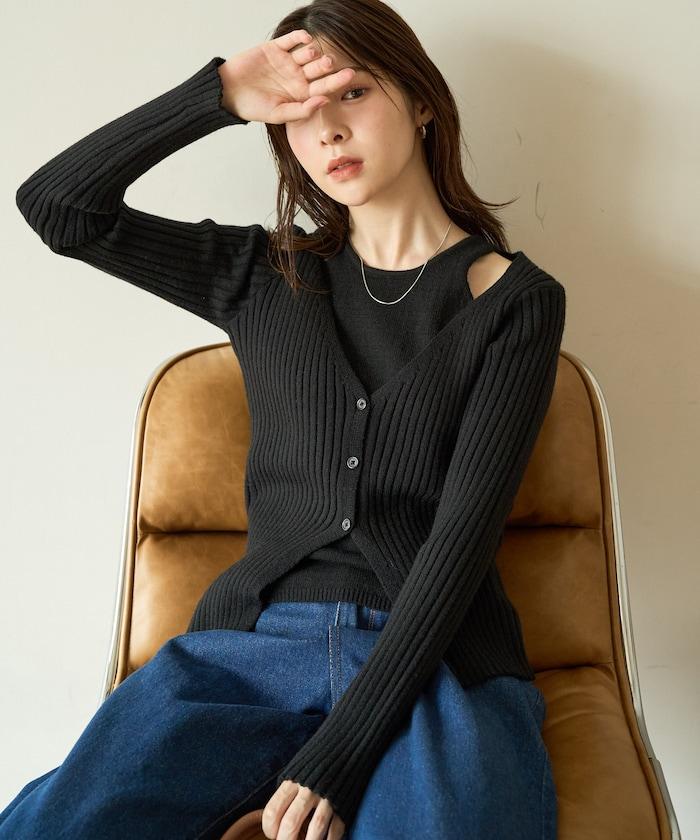 拼接紐釦針織開衫套頭衫