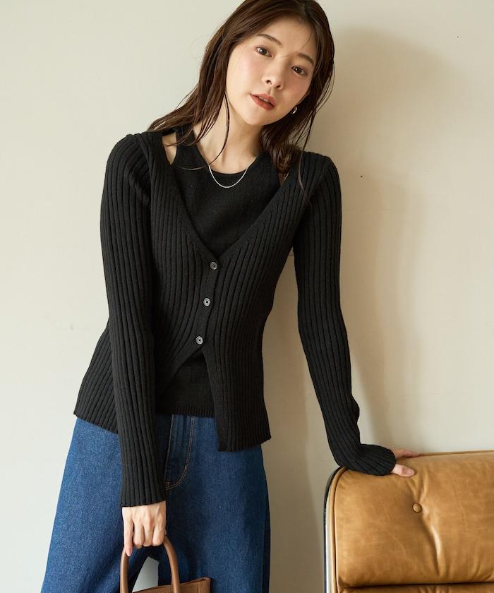 拼接紐釦針織開衫套頭衫