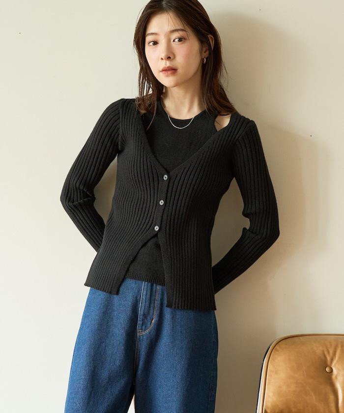 拼接紐釦針織開衫套頭衫