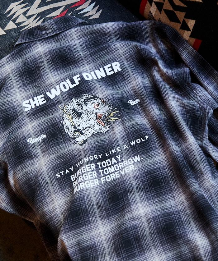 SHE WOLF DINER×FREAK'S STORE/シーウルフダイナー 漸變格紋背部刺繡襯衫