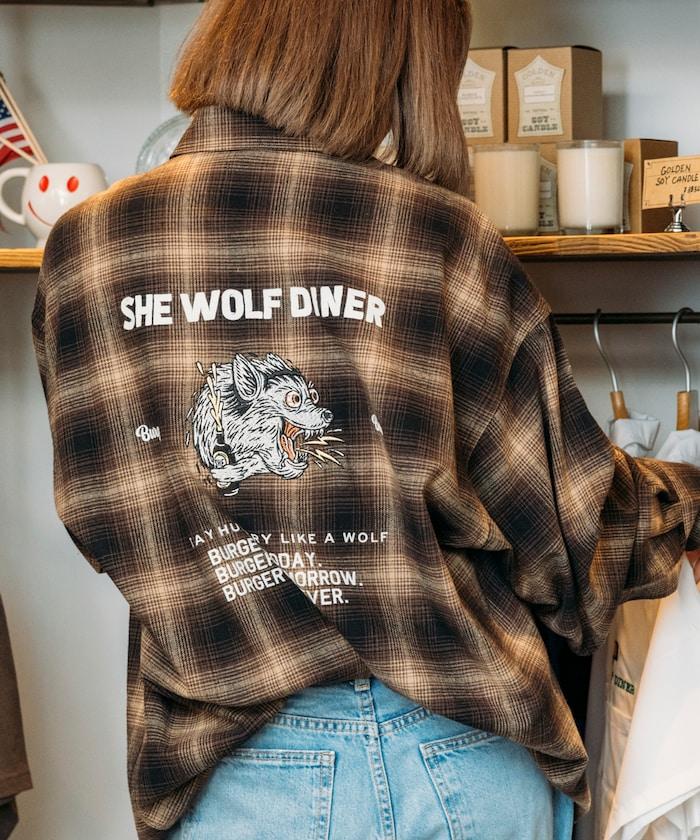 SHE WOLF DINER×FREAK'S STORE/シーウルフダイナー 漸變格紋背部刺繡襯衫