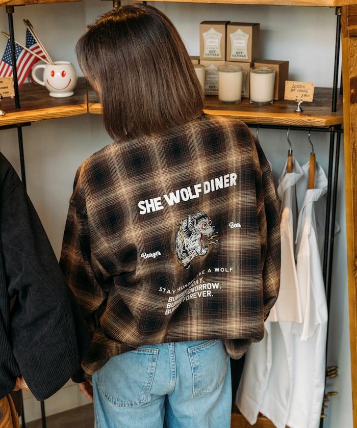 SHE WOLF DINER×FREAK'S STORE/シーウルフダイナー 漸變格紋背部刺繡襯衫
