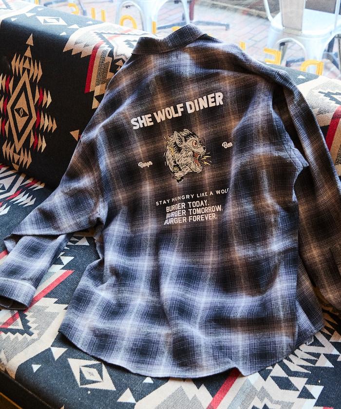 SHE WOLF DINER×FREAK'S STORE/シーウルフダイナー 漸變格紋背部刺繡襯衫