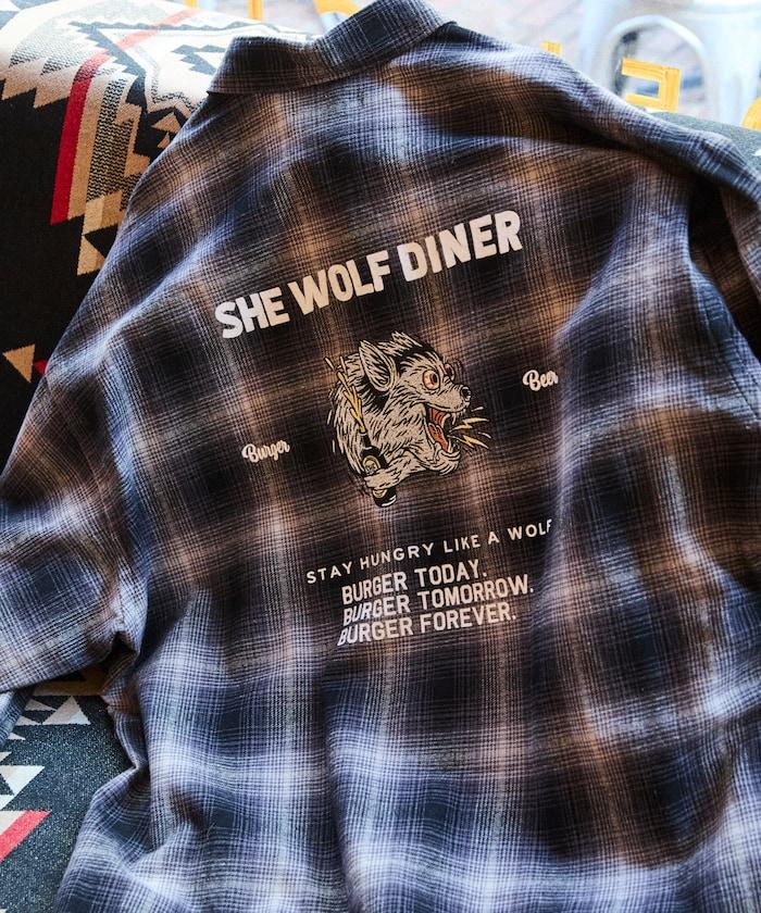 SHE WOLF DINER×FREAK'S STORE/シーウルフダイナー 漸變格紋背部刺繡襯衫