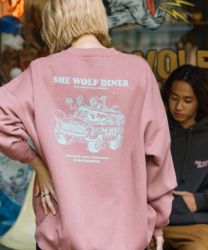 SHE WOLF DINER×FREAK'S STORE/シーウルフダイナー 特別款 寬鬆版型 背部印花 圓領衛衣/CAR