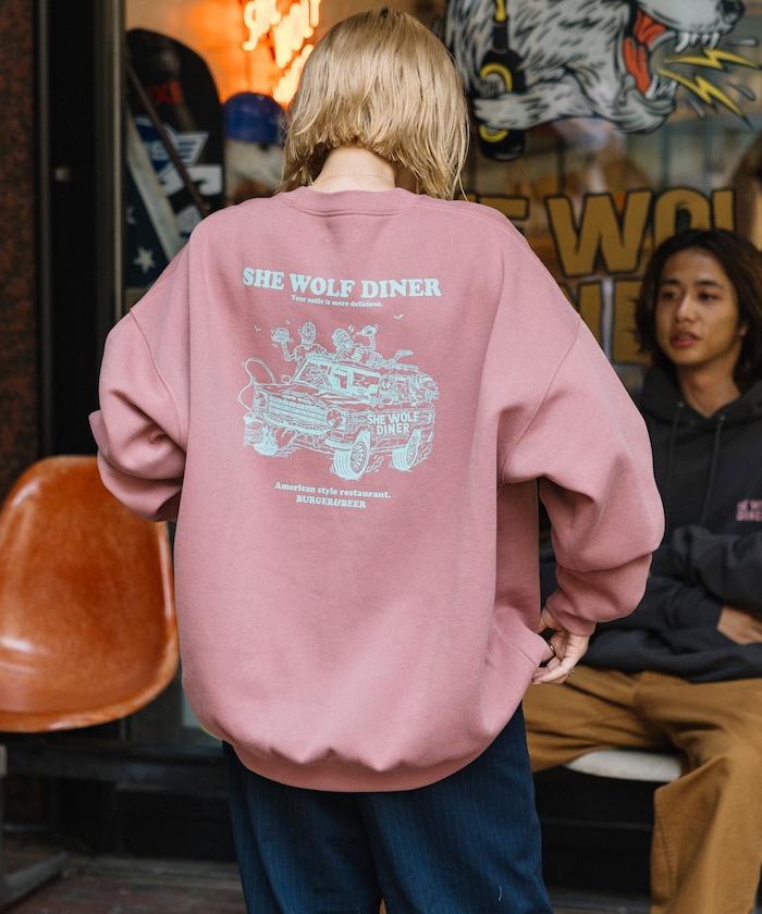 SHE WOLF DINER×FREAK'S STORE/シーウルフダイナー 特別款 寬鬆版型 背部印花 圓領衛衣/CAR