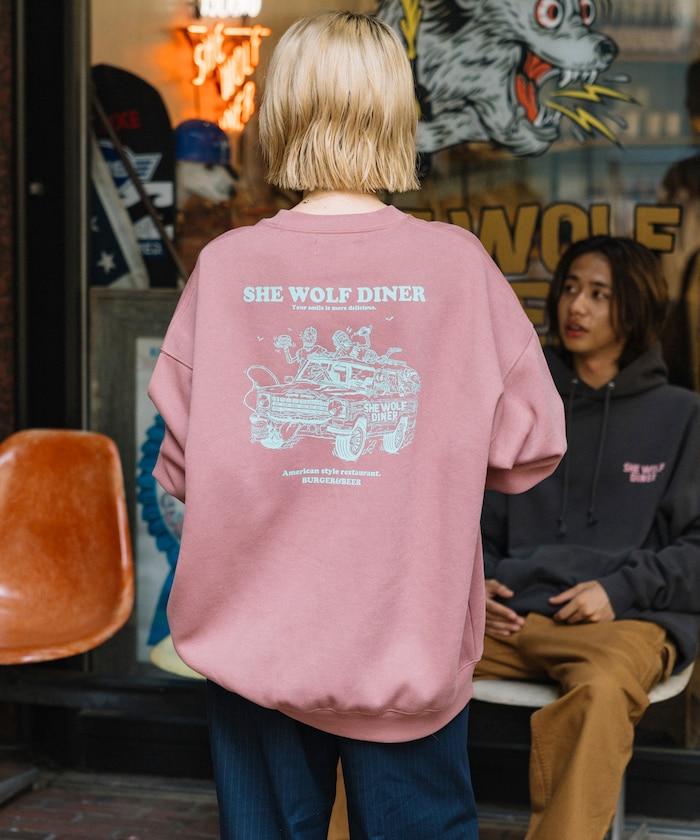 SHE WOLF DINER×FREAK'S STORE/シーウルフダイナー 特別款 寬鬆版型 背部印花 圓領衛衣/CAR