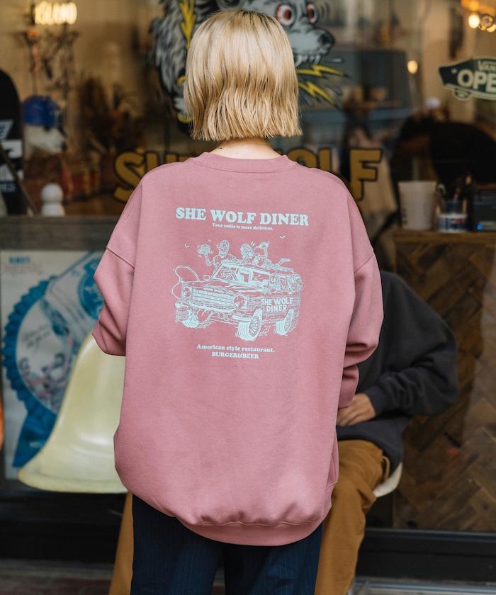 SHE WOLF DINER×FREAK'S STORE/シーウルフダイナー 特別款 寬鬆版型 背部印花 圓領衛衣/CAR