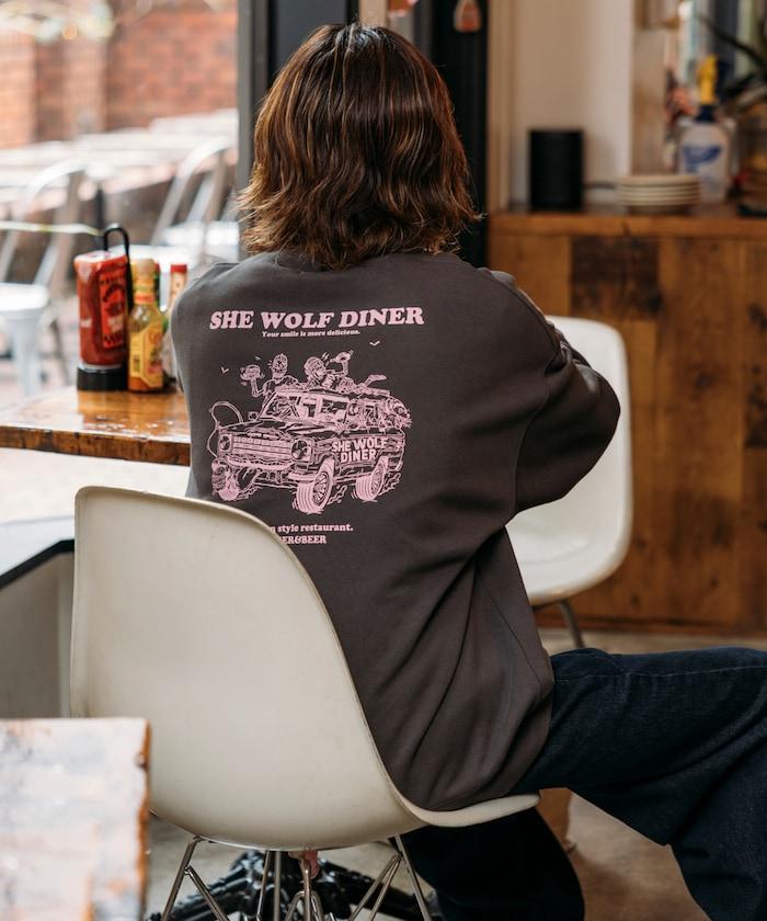 SHE WOLF DINER×FREAK'S STORE/シーウルフダイナー 特別款 寬鬆版型 背部印花 圓領衛衣/CAR