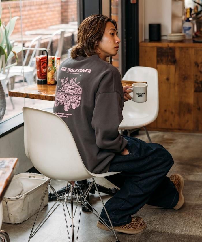 SHE WOLF DINER×FREAK'S STORE/シーウルフダイナー 特別款 寬鬆版型 背部印花 圓領衛衣/CAR