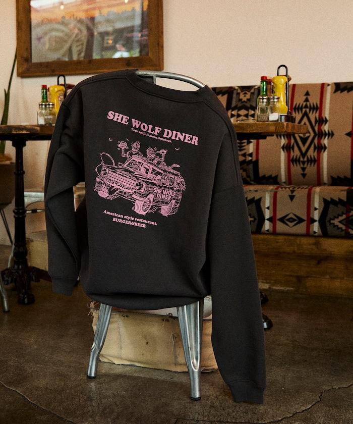 SHE WOLF DINER×FREAK'S STORE/シーウルフダイナー 特別款 寬鬆版型 背部印花 圓領衛衣/CAR