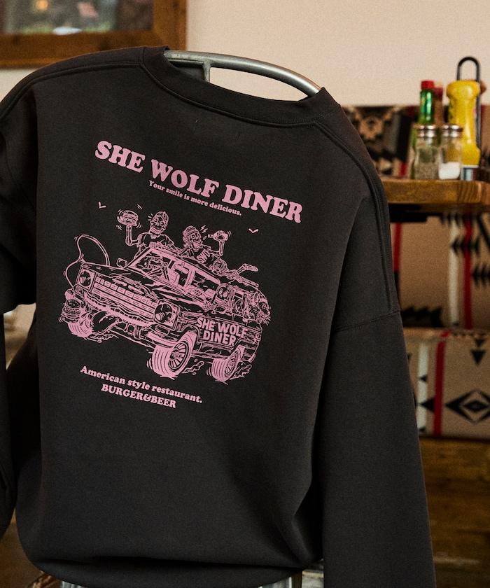 SHE WOLF DINER×FREAK'S STORE/シーウルフダイナー 特別款 寬鬆版型 背部印花 圓領衛衣/CAR