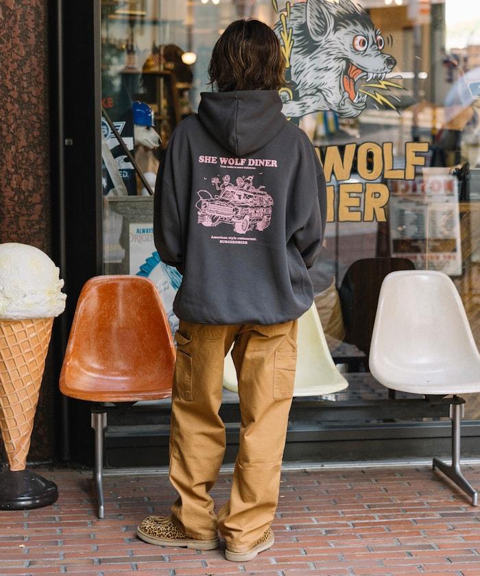 SHE WOLF DINER×FREAK'S STORE/シーウルフダイナー 特別款 寬鬆版型 背部印花 套頭衛衣/連帽衫/CAR