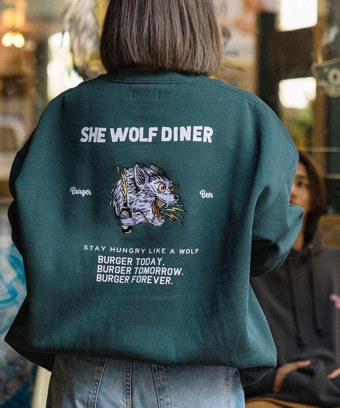 SHE WOLF DINER×FREAK'S STORE/シーウルフダイナー特別款寬鬆版型後背刺繡圓領衛衣/WOLF
