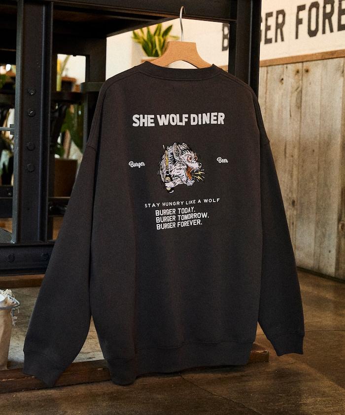 SHE WOLF DINER×FREAK'S STORE/シーウルフダイナー特別款寬鬆版型後背刺繡圓領衛衣/WOLF